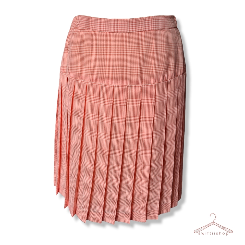 Lightweight Size M Orange Pleated Grid Check Short Skirt - Picture 1 of 7